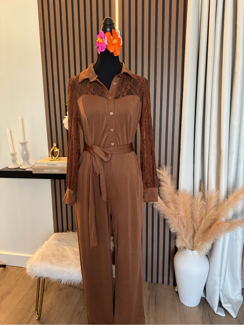 Brown Lace-Sleeve Button Jumpsuit